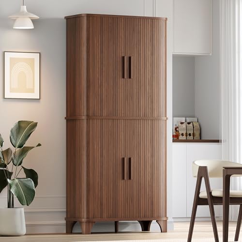Decofy 69" Tall Kitchen Pantry Storage Cabinet with Sliding Door, Modern Curved Edge Pantry Storage Cabinet with 5 Shelves, Cupboard for the Kitchen, Dining Room, Bedroom, Living Room, Office (Walnut) - color: Walnut