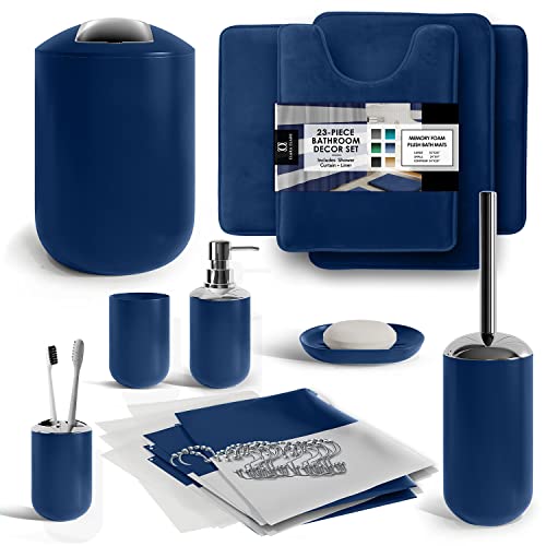 Clara Clark Bathroom Set - Navy Bathroom Accessories Set, Bathroom Sets with Shower Curtain and Rugs, 23PC Shower Curtain Set with Liner, Soap Dispenser, Soap Dish, Toilet Brush Holder, and Trash Can - color: Navy, size: Complete Set + Bath Rugs