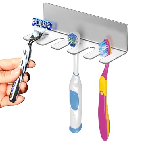 Wall Mounted Toothbrush Holder, Stainless Steel Toothbrush Holder with Self-Adhesive No Drilling Toothbrush Organizer, Bathroom Mounted Holder for Toothbrush Head, Washroom Razor Holder