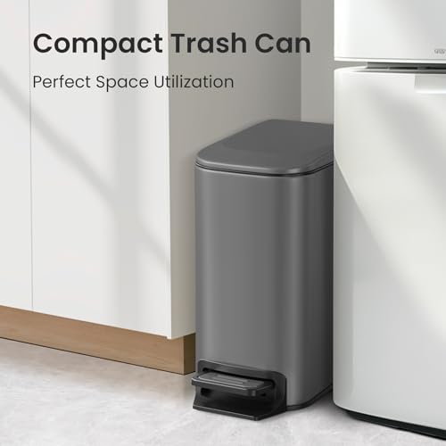 Cesun Small Bathroom Trash Can with Lid, 1.6 Gal, Soft Close, Gray | Step pedal soft close, Slim 5.9in fits narrow spaces, Stainless steel, Anti-fingerprint, Removable inner bucket, Odor seal - color: Gray
