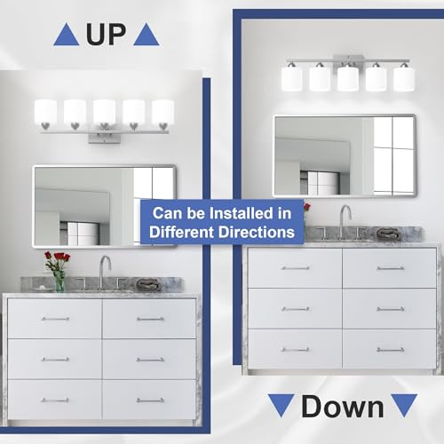 Bathroom Lighting Fixtures Over Mirror, Anti-Rust Vanity Light Fixture for Bathroom, Modern 5-Light Wall Sconce Light for Living Room, E26 Base, Milky White Glass Shades, Bulbs Not Included - color: Brushed Nickel-5Light