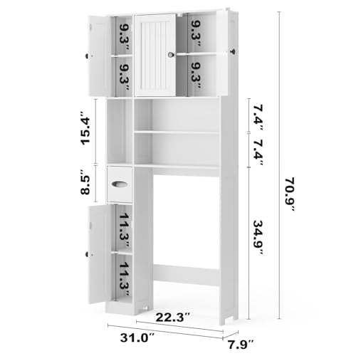 Over The Toilet Storage Cabinet, with Five Doors, White | Over Toilet Bathroom Organizer with Adjustable Shelves, Above Toilet Storage Cabinet for Bathroom, Restroom, Laundry