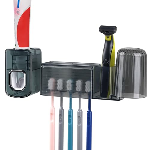 5 Slots Wall Mount Toothbrush Holder with Cover, Self Adhesive Toothbrush Storage Organizer for Shower, Toothbrush Cup Hanger with Automatic Toothpaste Squeezer Dispenser - color: Gray Combination