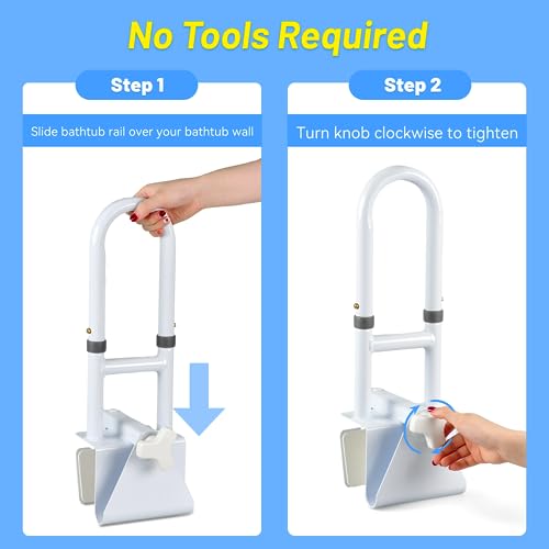 Bathtub Grab Bars for Seniors, Tub Handle Grab Bar for Elderly Bath Support, Bathtub Safety Rail, Assistance Bathtub Handle Clamp for Bathroom, 3.3"- 7" Width Adjustable, White