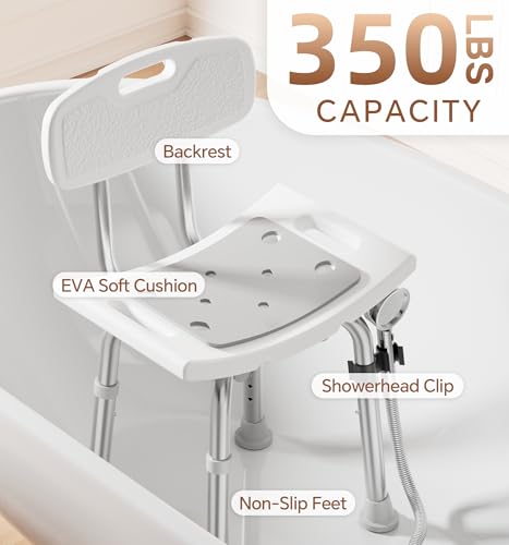 SOUNDFUSE Shower Chair for Inside Shower with Back, Tool-Free Assembly, Height Adjustble Shower Seat with EVA Cushion and Non-Slip Feet, Support Up to 350 lbs, Grey