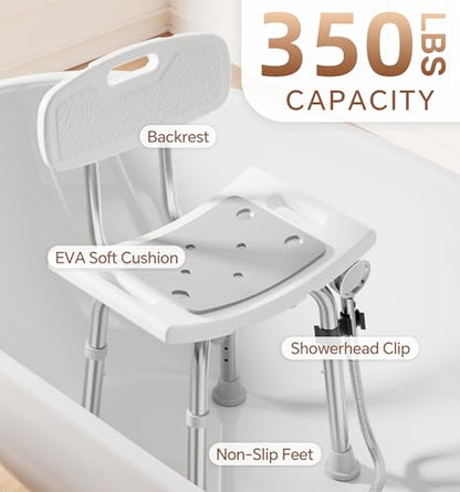 SOUNDFUSE Shower Chair for Inside Shower with Back, Tool-Free Assembly, Height Adjustble Shower Seat with EVA Cushion and Non-Slip Feet, Support Up to 350 lbs, Grey