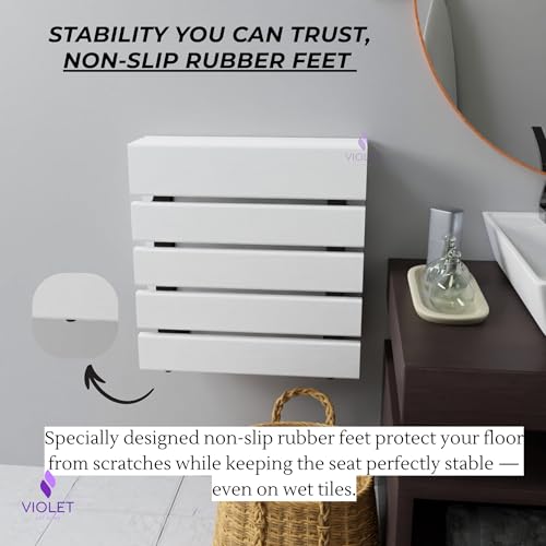 Folding Wall Mounted Teak Wood Shower Seat with Backrest, Water Resistant Foldable Bathroom Stool with Legs, Premium Materials Handmade Shoe Changing Bench, Space Saving and Super Safe Chair (White) - color: White