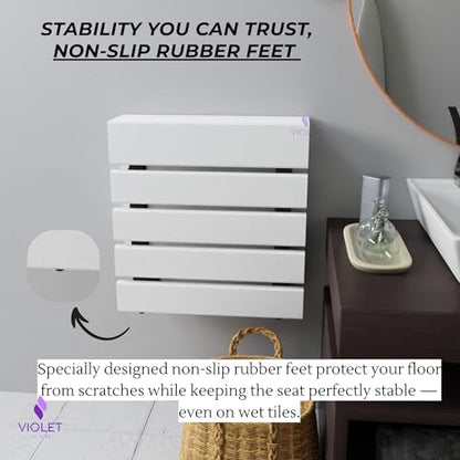 Folding Wall Mounted Teak Wood Shower Seat with Backrest, Water Resistant Foldable Bathroom Stool with Legs, Premium Materials Handmade Shoe Changing Bench, Space Saving and Super Safe Chair (White) - color: White