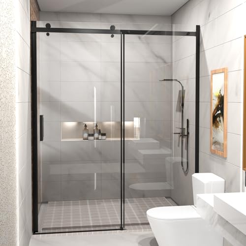Frameless Shower Door, 5/16" (8mm) Clear Tempered Glass Shower Door, 54-50" W x 74" H, Quiet Soft-Close, Reversible Installation, SGCC Certified (Matte Black-Singel Sliding Style A, 54" W x 74" H) - color: Matte Black-Singel Sliding A-54" W x 74"