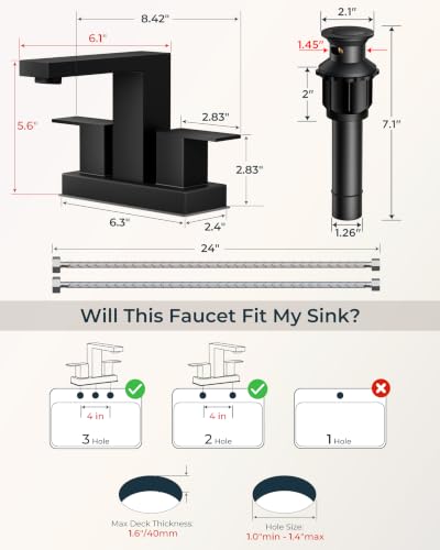 QFN 4 Inch Centerset Bathroom Faucet 2 or 3 Hole Two Handles Matte Black | Bathroom Sink Faucet Square with Pop-up Drain and 24" cUPC Supply Lines, Lead-Free for RV Vanity Laundry Farmhouse Sink - color: Matte Black, style: Centerset
