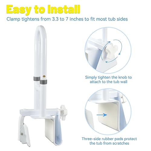 Bathtub Grab Bars for Seniors, Tub Handle Grab Bar for Elderly Bath Support, Bathtub Safety Rail, Assistance Bathtub Handle Clamp for Bathroom, 3.3"- 7" Width Adjustable, White