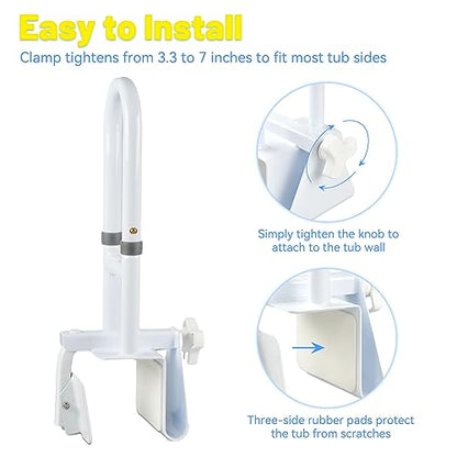 Bathtub Grab Bars for Seniors, Tub Handle Grab Bar for Elderly Bath Support, Bathtub Safety Rail, Assistance Bathtub Handle Clamp for Bathroom, 3.3"- 7" Width Adjustable, White