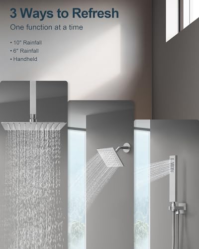 Brushed Nickel 3-Function Shower System with 10" Rainfall & 6" Secondary Shower Head, Handheld Combo Set, Wall Mounted cUPC Certified Pressure Balance Valve - color: Brushed Nickel