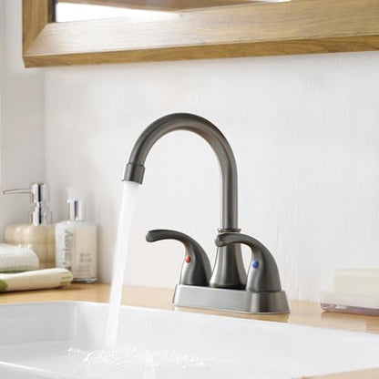 Bathroom Sink Faucet FRANSITON 4 Inch 2 Handle Lead-Free Brushed Grey Bath Sink Faucet with Pop-up Drain Stopper and Supply Hoses - color: BrushedGrey