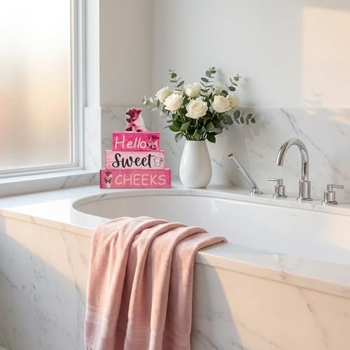 Pink Highland Cow Bathroom Decor 4 Pcs Farmhouse Decor and Accessories Western Hello Sweet Cheeks Table Centerpiece for Home Office