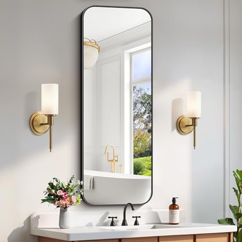 FORBATH Bathroom Mirror 20" x 55", Rectangle Black Bathroom Mirror with Black Aluminum Frame Rounded Corner, Wall Mounted Mirror for Bedroom Entryway Living Room - color: Black, size: 55"L x 20"W