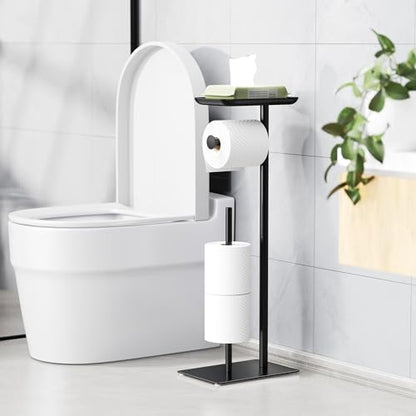 Toilet Paper Holder Stand with Top Storage Shelf | Free Standing Toilet Roll Dispenser for Bathroom, Holds 4 Reserve Rolls, Silver - color: Matte Black