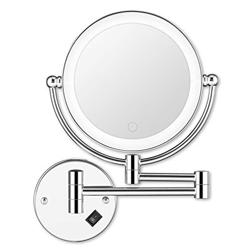 8" Wall Mounted Lighted Makeup Mirror, Double-Sided 1X/5X Magnifying Vanity Mirror with 3 Color LED Lights, Stepless Dimming Touch Control, 360° Swivel & Extendable Arm, Plug-in Powered, Chrome