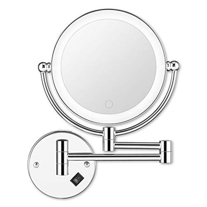 8" Wall Mounted Lighted Makeup Mirror, Double-Sided 1X/5X Magnifying Vanity Mirror with 3 Color LED Lights, Stepless Dimming Touch Control, 360° Swivel & Extendable Arm, Plug-in Powered, Chrome