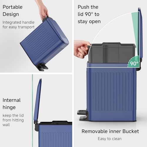 TIPGO Slim Bathroom Trash Can with Lid Soft Close, Step Pedal, 6 Liter / 1.6 Gallon Stainless Steel Trash Bin, Small Garbage Cans for Bedroom, Office, Kitchen (Blue) - color: Blue