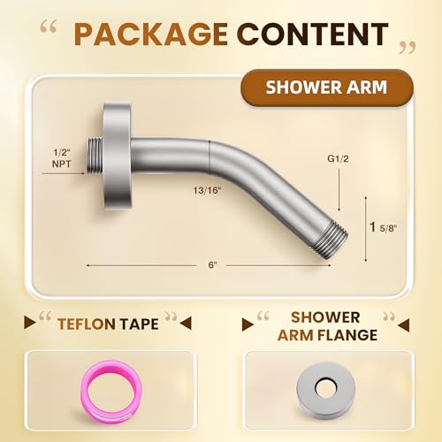 Brushed Nickel Shower Arm 6" Shower Extension Arm with Flange and Teflon Tape, Solid Brass Construction 1/2″ NPT, Close to Wall Shower Replacement for for Shower Head & Handheld Shower Head - color: Brushed Nickel
