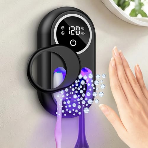 Toothbrush Sanitizer Holder, Upgraded UV Toothbrush Holder with Dual-Mode Clean & Fan Dry, LED Smart Screen, Auto-Inductive Cover, Toothbrush Wall Mounted Cleaner Organizer for Bathroom, Trip - color: Black