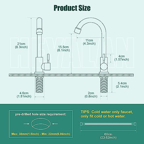 Heyalan SUS304 Cold Water Bar Sink Faucet, Single Handle,Matte Black | SUS304 stainless steel, high-arc gooseneck, single-hole deck mount, 24-inch supply hose, 2.5-inch shank, 1.8 GPM - color: Matte Black