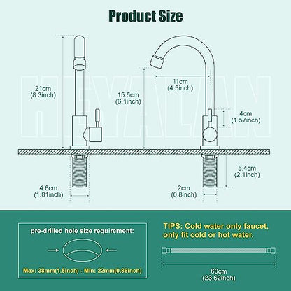 Heyalan SUS304 Cold Water Bar Sink Faucet, Single Handle,Matte Black | SUS304 stainless steel, high-arc gooseneck, single-hole deck mount, 24-inch supply hose, 2.5-inch shank, 1.8 GPM - color: Matte Black