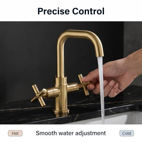 Modern Brushed Gold Bathroom Sink Faucet, 4 Inch Single Hole or 3 Hole Centerset, 2-Handle Cross Handle, 360-Degree Swivel Spout, 1.2 GPM Soft Water Flow, Pop Up Drain - color: Brushed Gold
