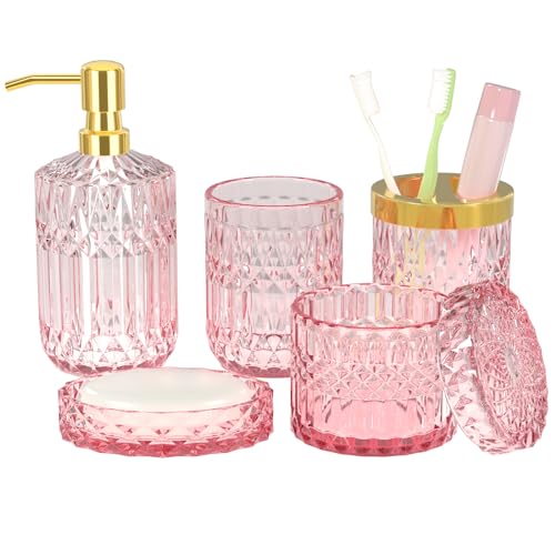 Pink Bathroom Accessories Set, 5Pcs Clear Glass Pink Bathroom Decor with Lotion Soap Dispenser, Soap Dish, Tumbler, Cotton Swab Jar, Toothbrush Holder for Bathrooms Set Modern Crystal Vintage Gift - style: Pink