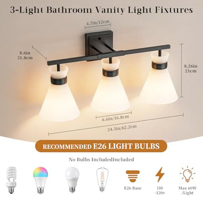 Matte Black Bathroom Vanity Lights, 3-Light Bathroom Light fixtures Over Mirror, Modern Vanity Lighting Fixtures with Frosted Glass Shades E26 Base,Wall Mount Scones for Mirror (Bulbs Not Included) - color: Black