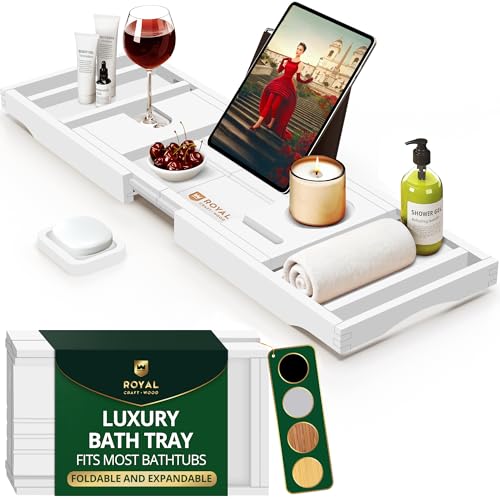 ROYAL CRAFT WOOD Premium Foldable Bathtub Tray Caddy - Wood Bath Tray for Tub, Bamboo Shelf, Expandable Bath Table Trays, Bathtub & Bathroom Accessories for New Home & Mothers, Birthday Gifts for Mom - color: White