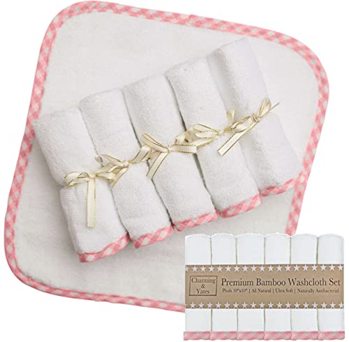 Channing & Yates Premium Boutique Baby Washcloths - (6-Pack) Organic Plush Washcloths 2X Thick & Soft - Helps Eczema - Adult Face Washcloths - (Pink on White) - color: Pink Gingham