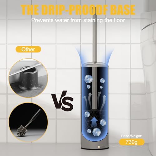 Toilet Brush and Holder, Toilet Cleaner Bowl Set with Two Brush with Extra Long Handle, Durable Bristles Toilet Scrubber and Covered Holder, Drip-Proof Stainless Steel Brushed Nickel - color: Brushed Nickel