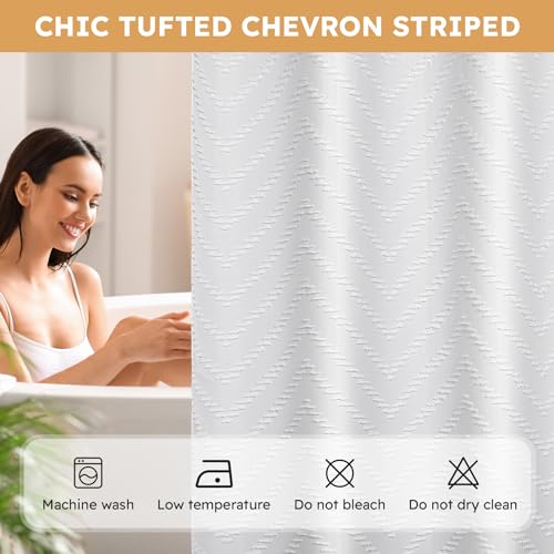 FADOTY White No Hook Shower Curtain Set with Snap in Liner, 71'' x 74'' | Bathroom Hotel Fabric Curtain, Waterproof Washable Liner, See Through Top Window, Ringless Chevron Tufted Cloth Curtain - color: White, size: 71"W x 74"L (Pack of 1)