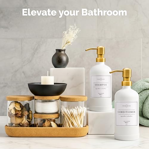 Vine Creations Glass Soap Dispenser, 2 Pack Kitchen Soap Dispenser Set with Stainless Steel Pump, 16 oz Dish Soap and Hand Soap Dispensers for Bathroom with Waterproof Labels (White) - color: Matte White Bottle / Gold Pump