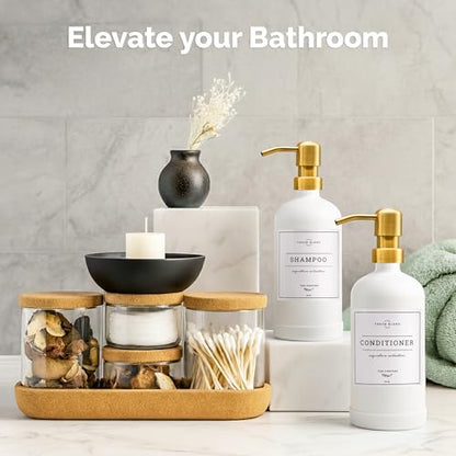 Vine Creations Glass Soap Dispenser, 2 Pack Kitchen Soap Dispenser Set with Stainless Steel Pump, 16 oz Dish Soap and Hand Soap Dispensers for Bathroom with Waterproof Labels (White) - color: Matte White Bottle / Gold Pump