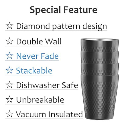 Stainless Steel Cups 2 Packs 10oz/300ml Stackable Double Wall Insulated Metal Shatterproof Cups Titanium-Plated Diamond Textured Surface Heat Resistant Dishwasher Safe (Black) - color: Black - 2 Packs