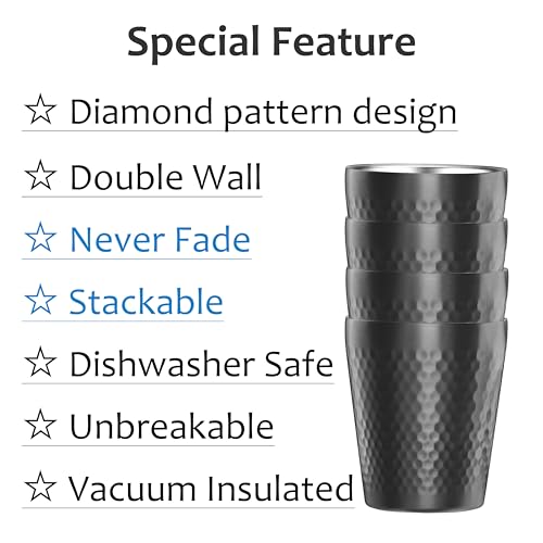 Stainless Steel Cups 4 Packs 10oz/300ml Stackable Double Wall Insulated Metal Shatterproof Cups Titanium-Plated Diamond Textured Surface Heat Resistant Dishwasher Safe (Black - 4 Packs) - color: Black - 4 Packs