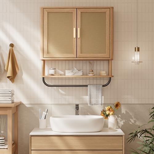Rattan Bathroom Wall Cabinet with Towel Bar, Wall-Mounted Medicine Cabinet with Adjustable Wood Shelf & Doors, Over the Toilet Storage Cabinet for Laundry Room & Kitchen & Living Room - color: Rubberwood