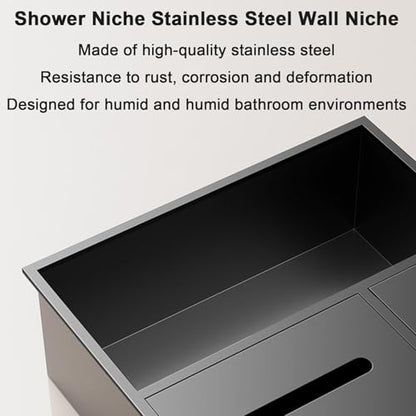 Recessed Bathroom Niche Cabinet, Stainless Steel Wall Mounted Bathroom Storage Organizer with Trash Can, Tissue Holder & Detachable Shelves, Waterproof Shower Niche Bathroom Shelf - color: Black