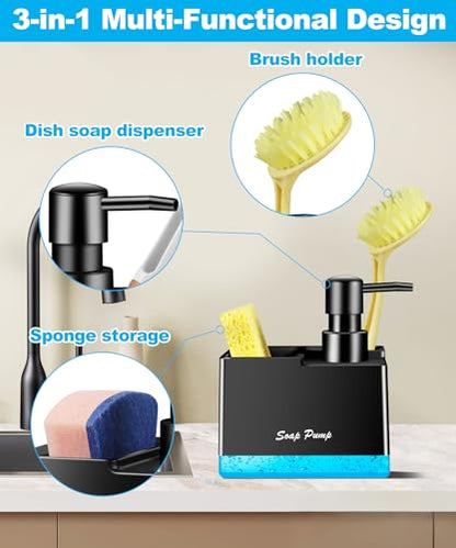 Dish Soap Dispenser with Sponge Holder, Small Hand Soap Dispenser with Sponge Caddy and Brush Holder, 3-in-1 Countertop Organizer for Kitchen Sink and Bathroom (Black) - color: Black