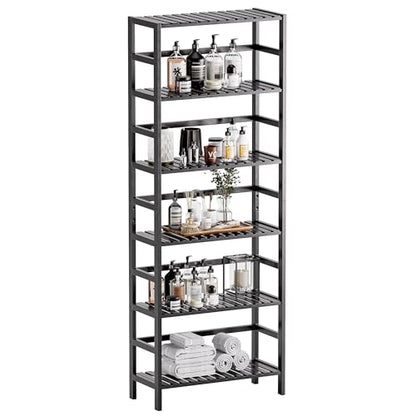 HITNET Bamboo Bookshelf, 6-Tier Tall Open Bookcase with Adjustable Shelves, Floor Standing Storage Shelf Unit for Living Room Bathroom Home Office, Black - color: Black