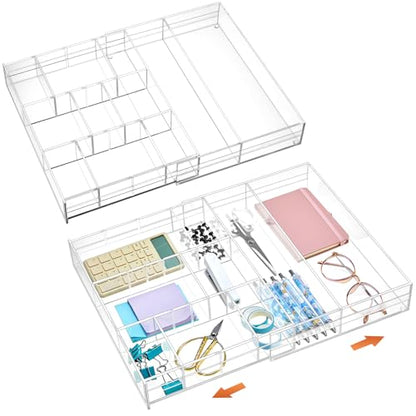 Briwooody 2 Pcs Acrylic Desk Drawer Organizer Maximum 11.8 x 17 x 1.9 Inch Expandable Drawer Organizer Trays with 7 Adjustable Compartments Desk Accessories for Makeup Silverware Office Bathroom - size: 11.8 x 17 x 1.9 Inch