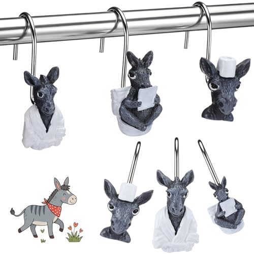 Roowest 12 Pcs Donkey Shower Curtain Hooks, Stainless Steel Farmhouse | Rust Resistant Shower Curtain Hangers, Western Rustic Bathroom Decor, Resin Donkey Head with White Scarf Winter Style - style: Donkey