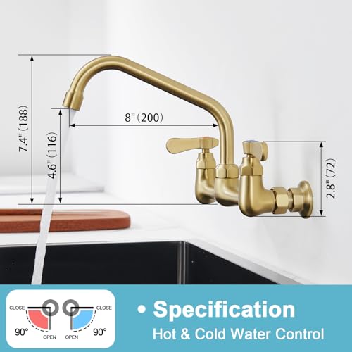 Wall Mount Commercial Sink Kitchen Faucet 8 Inch Adjustable Center | 8 Inch 360 Swivel Spout, Lead-free Brass, For Restaurant Laundry Utility Room, Easy to Install, CUPC NSF Certified - color: Black, size: 8 Inch Spout