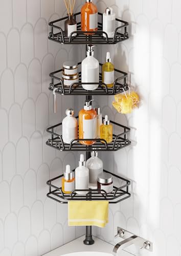 KEGII Corner Shower Caddy Tension Pole, Large Capacity Organizer, Black | Easy Installation with Towel Bar and Hooks, Adjustable 25-114.2 inch Rod for Shampoo, Bath Essentials and Family Bathrooms