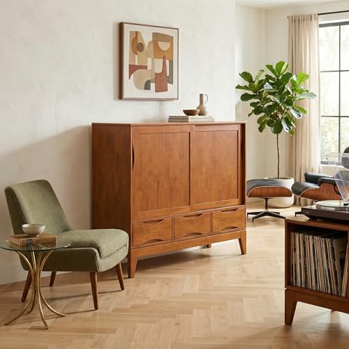 SIMPLIHOME Lowry 39" Wide Veneer and Metal Cabinet in Walnut Veneer - color: Teak Brown, size: 48 inch