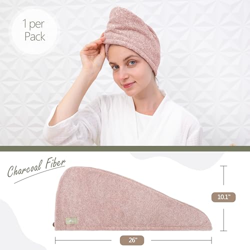 myHomeBody Hair Towel Wrap, Quick Drying Turban, Absorbent Cap – Pink | Hair Turban Towel for wet hair, Ultra Soft Charcoal Fiber Cap, Towel Head Wrap for bathing with Coconut Shell Button - color: Pink