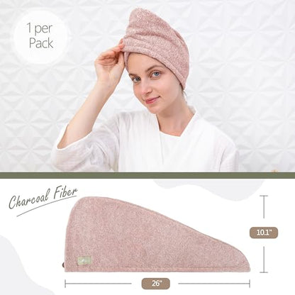 myHomeBody Hair Towel Wrap, Quick Drying Turban, Absorbent Cap – Pink | Hair Turban Towel for wet hair, Ultra Soft Charcoal Fiber Cap, Towel Head Wrap for bathing with Coconut Shell Button - color: Pink